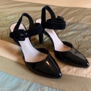 FRANCO SARTO Black Patent/Suede Ankle Strap Pump 7